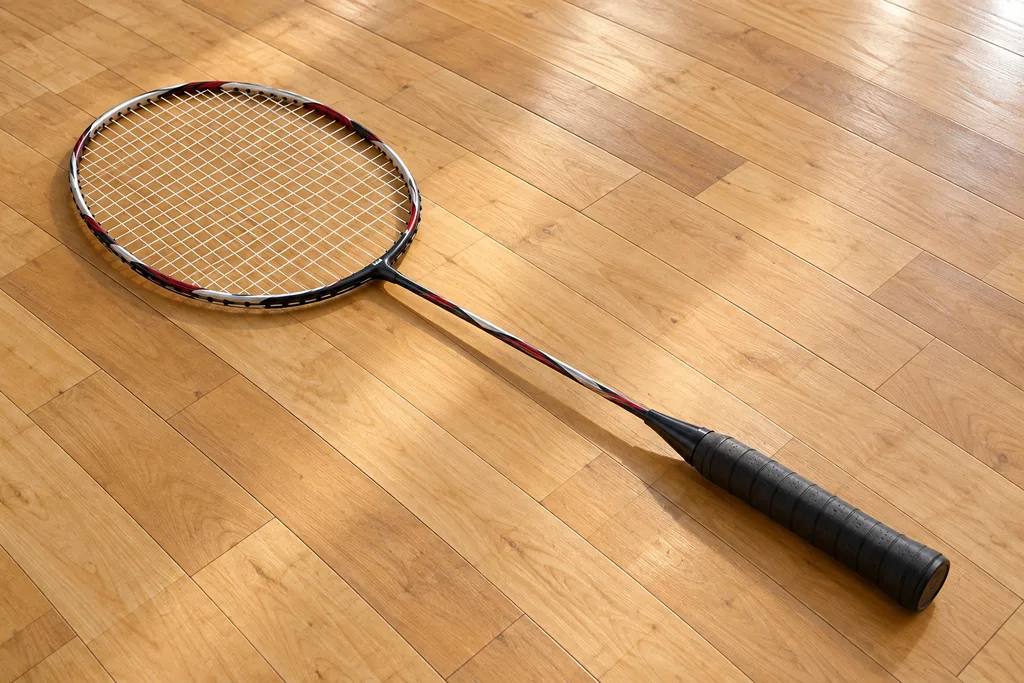 Raquette de badminton posée à plat, cadre et tige bien visibles, sur un parquet de salle.